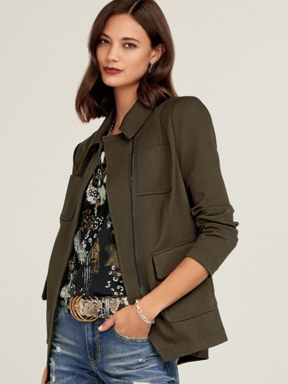 CAbi Academy Green Utility Army Military Blazer Jacket S Textured Jersey Knit